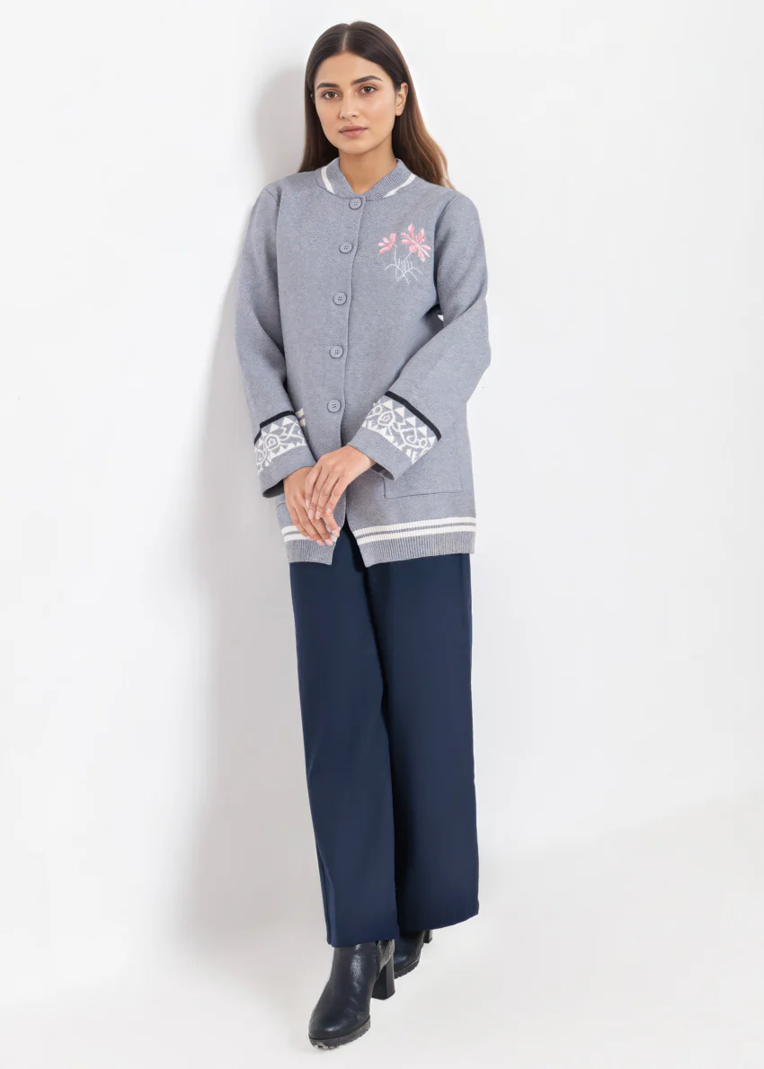 Grey-Baseball Collar Full Sleeves Cardigan Sweater (25Y-072-67) - Image 3