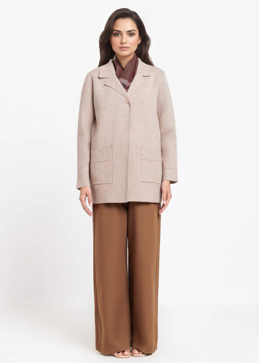 Beige-Notched Collar Full Sleeves Cardigan Sweater (25Y-074-67) - Image 3