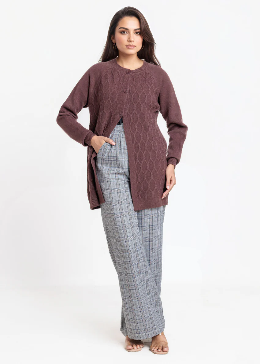 D-Brown-Round Neck Full Sleeves Cardigan Sweater (25Y-076-67) - Image 3
