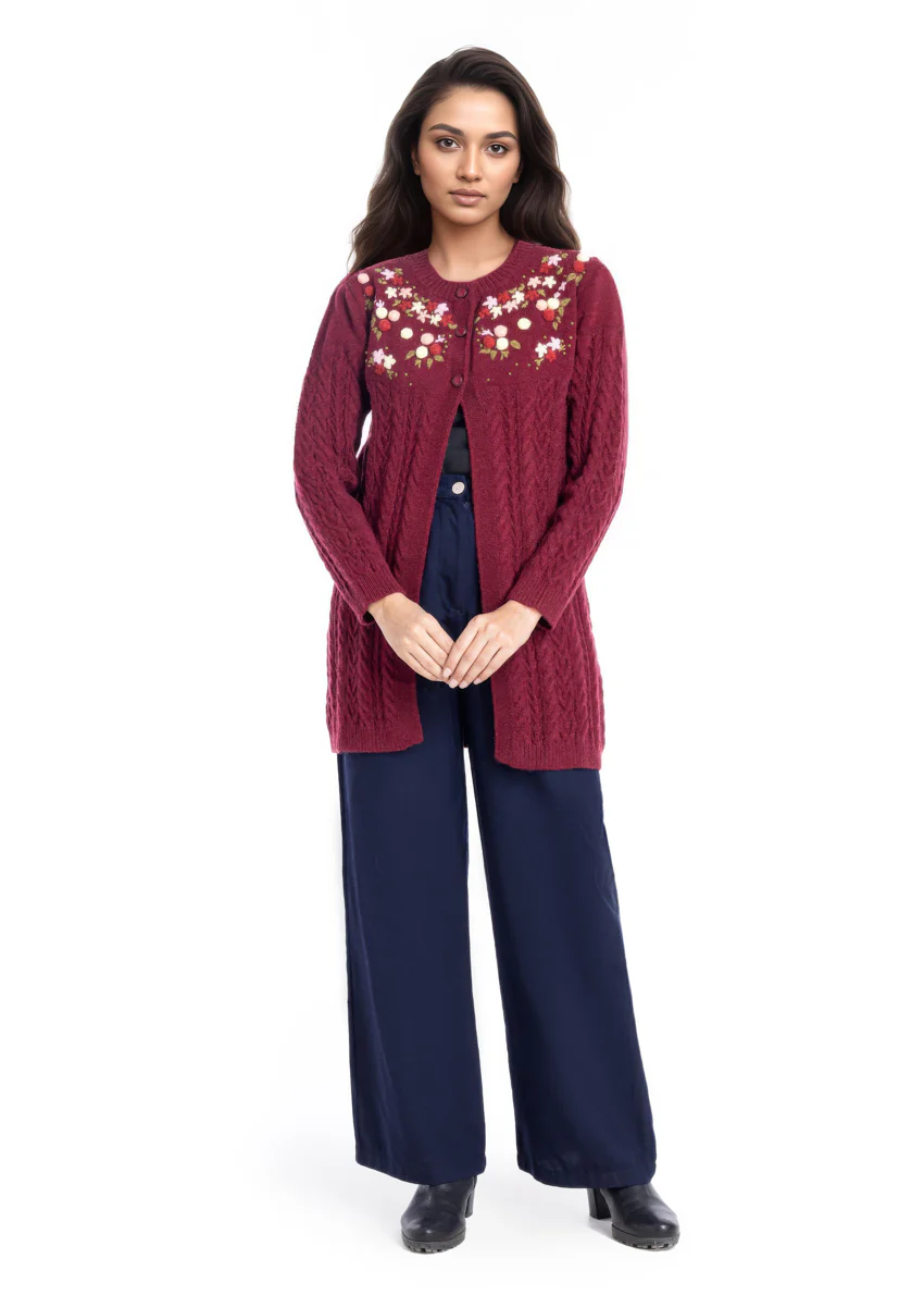 Maroon-Round Neck Full Sleeves Cardigan Sweater (25Y-077-67) - Image 5