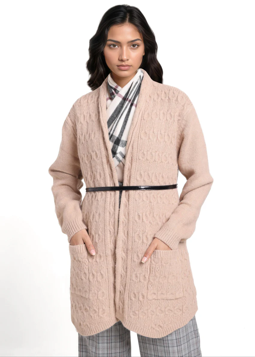 Beige-Shawl Collar Full Sleeves Cardigan Sweater (25Y-078-67)