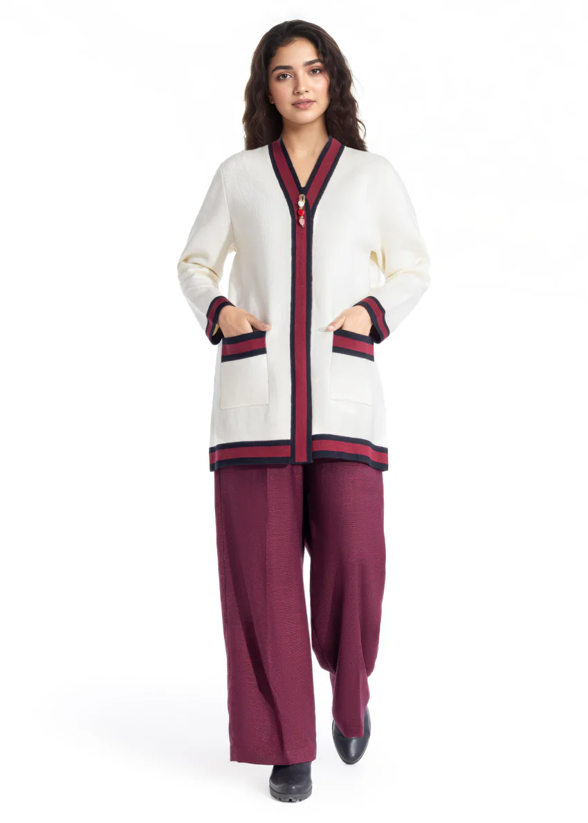 White-V Neck Cardigan Full Sleeves Sweater (25Y-079-67)