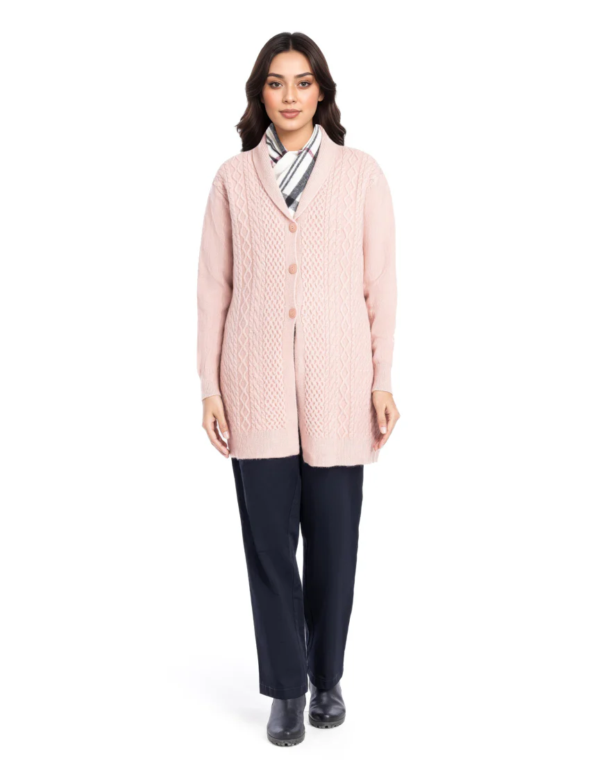 L-Pink-Shawl Collar Full Sleeves Cardigan Sweater (25Y-082-67)
