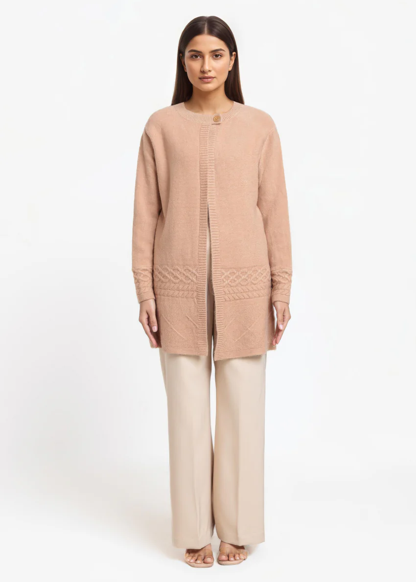 Apricot-Round Neck Full Sleeves Cardigan Sweater (25Y-085-67) - Image 3