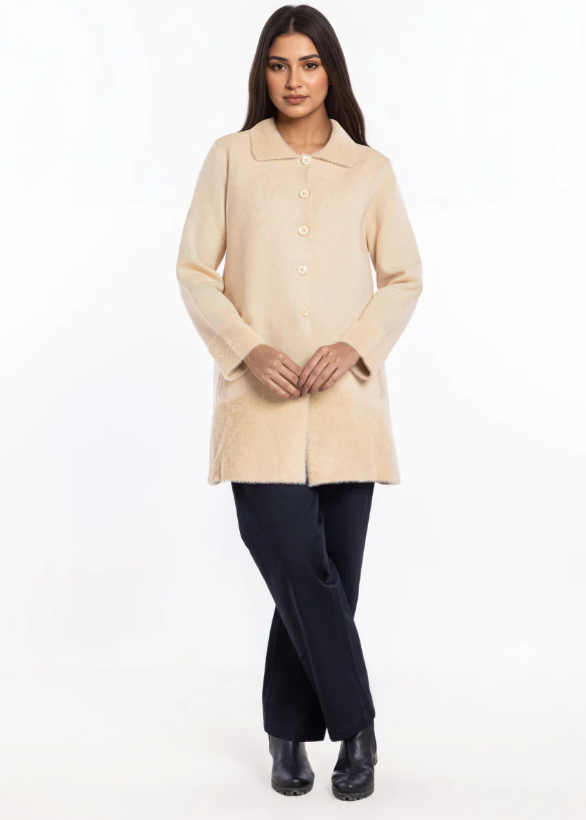 Beige-Wing Collar Full Sleeves Cardigan Sweater (25Y-093-67)
