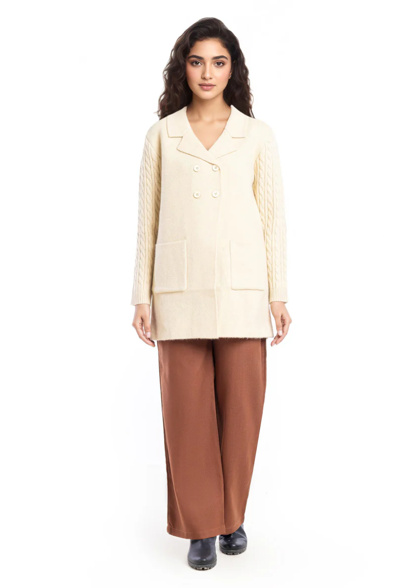 Beige-Notched Collar Full Sleeves Cardigan Sweater (25Y-095-67)