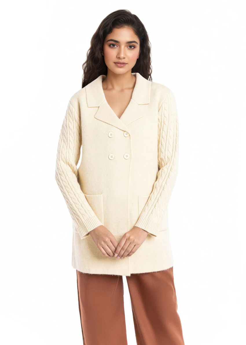Beige-Notched Collar Full Sleeves Cardigan Sweater (25Y-095-67) - Image 3
