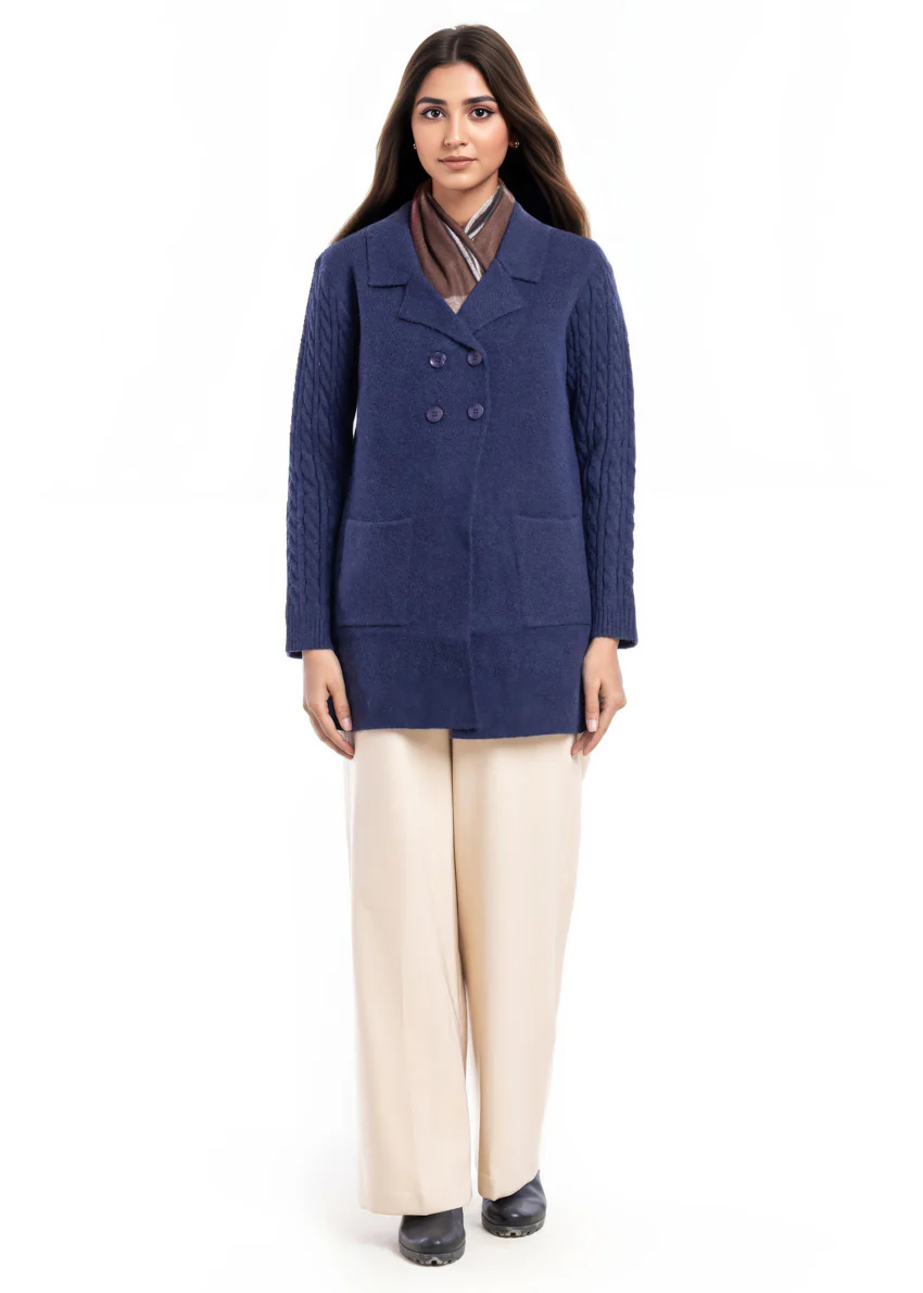 Navy-Notched Collar Full Sleeves Cardigan Sweater (25Y-095-67)