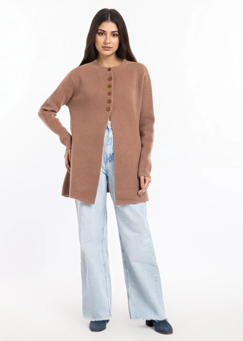 Brown-Round Neck Cardigan Full Sleeves Sweater (25Y-098-67)