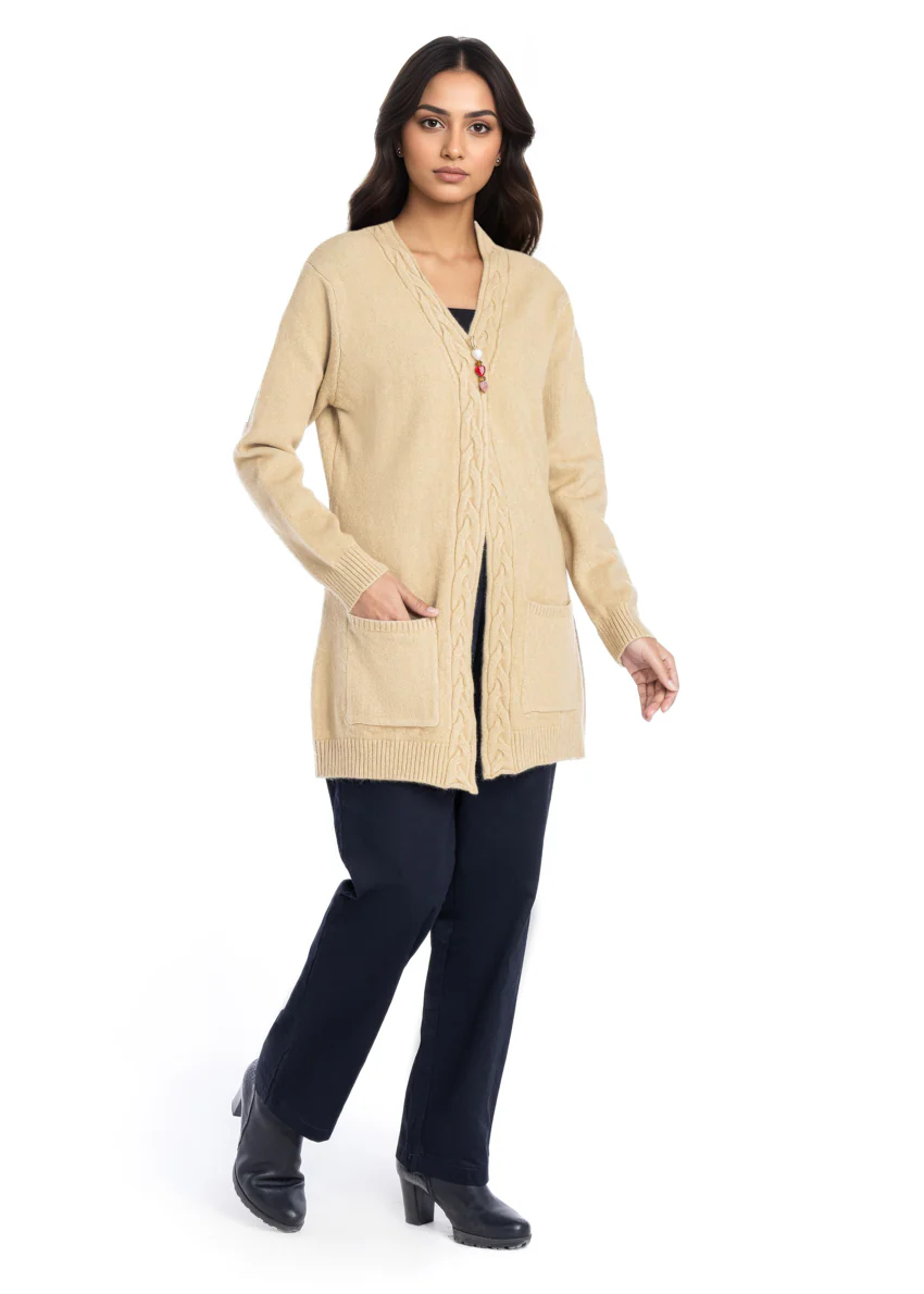 D-Beige-Front Open Full Sleeves Cardigan Sweater (25Y-100-67) - Image 3