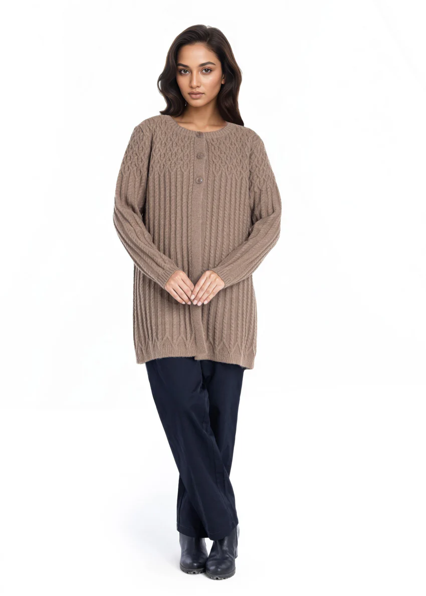 Khaki-Round Neck Cardigan Full Sleeves Sweater (25Y-103-67) - Image 3
