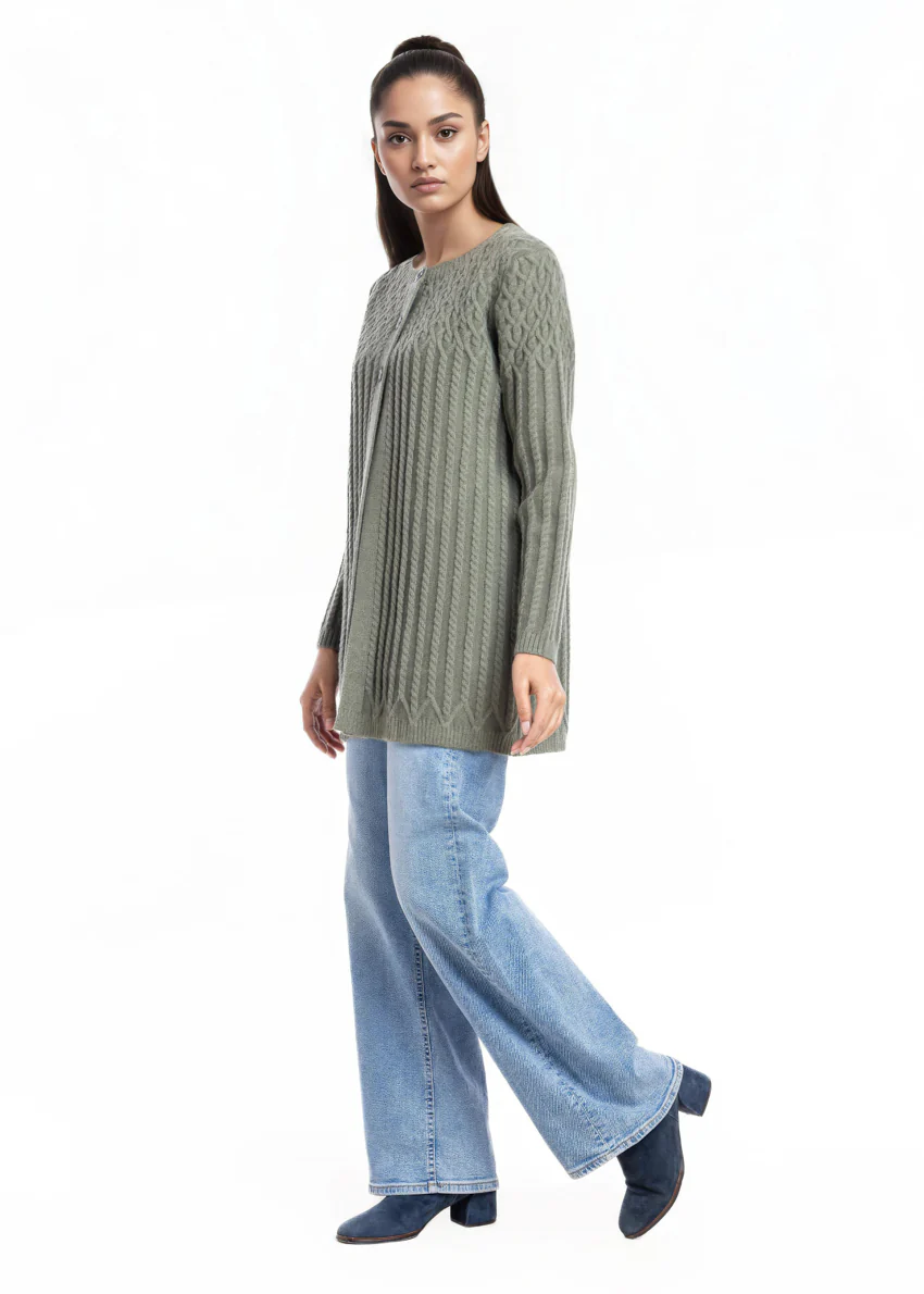 Olive-Round Neck Cardigan Full Sleeves Sweater (25Y-103-67) - Image 2