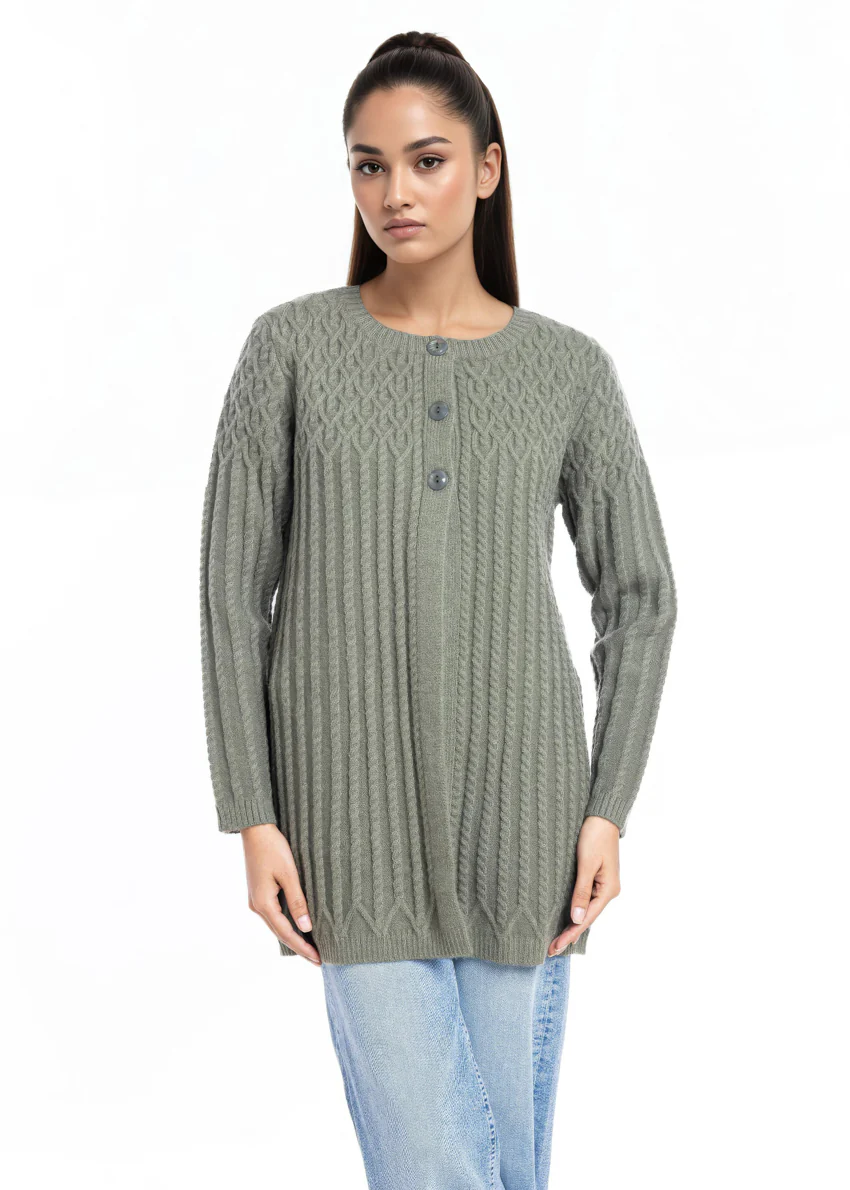 Olive-Round Neck Cardigan Full Sleeves Sweater (25Y-103-67) - Image 3