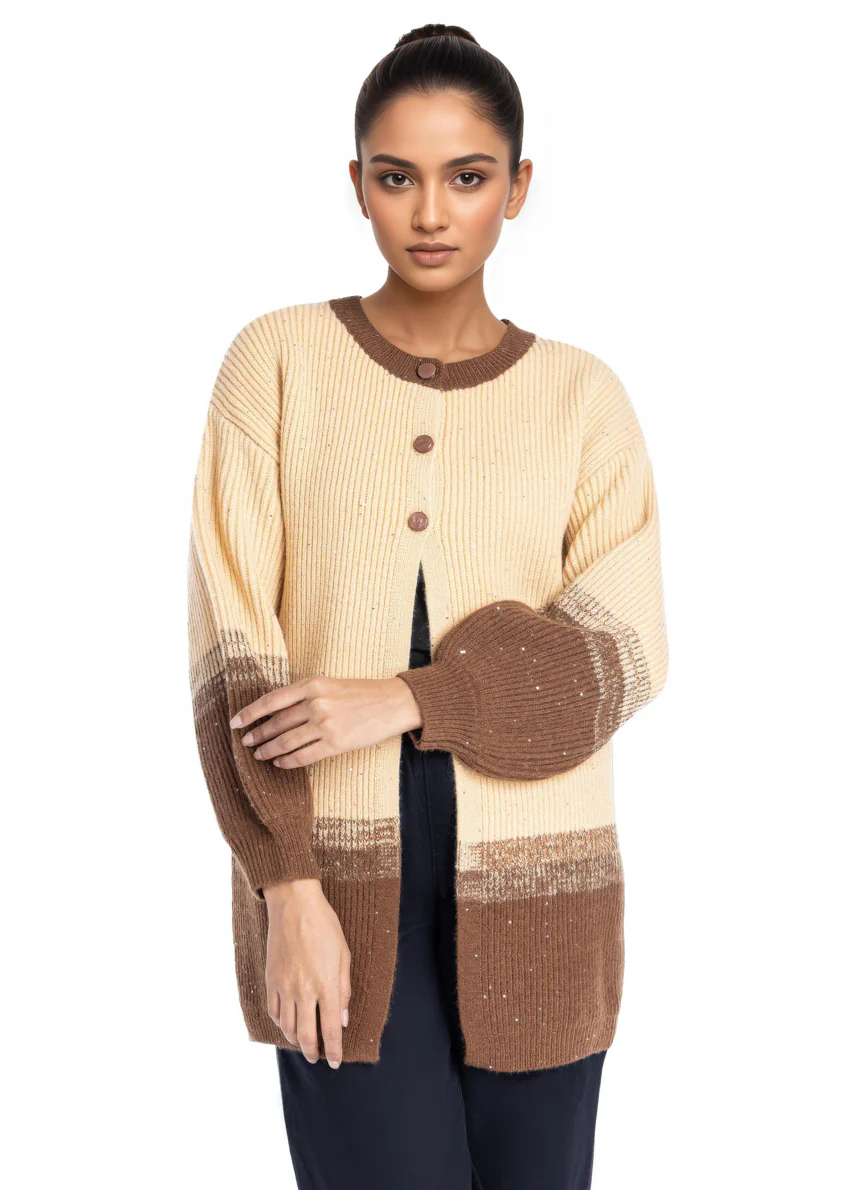 Brown-Round Neck Cardigan Full Sleeves Sweater (25Y-105-67)