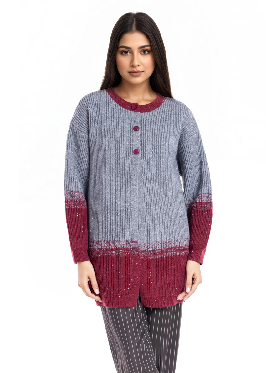 Maroon-Round Neck Cardigan Full Sleeves Sweater (25Y-105-67)