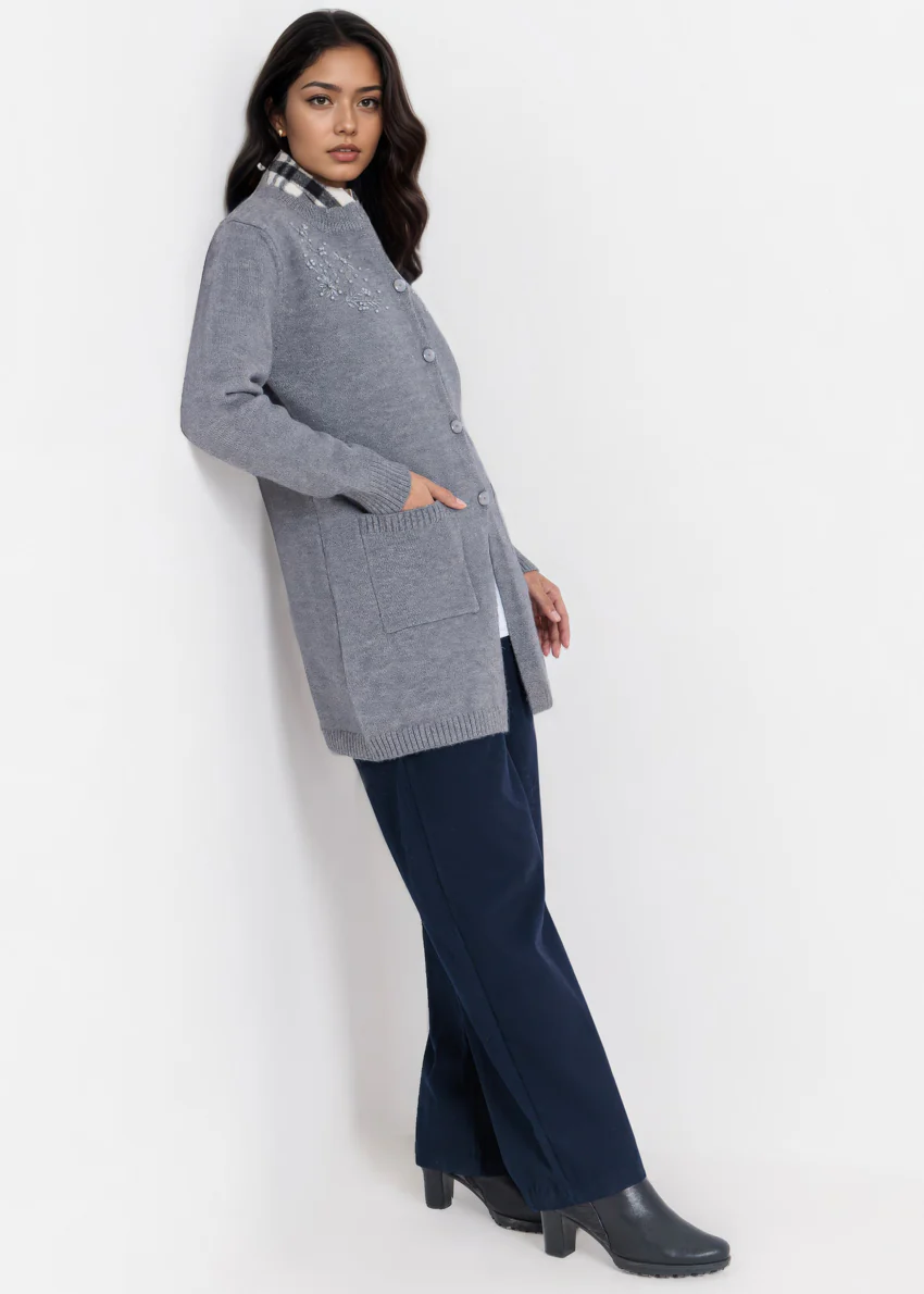 Grey-Round Neck Full Sleeves Cardigan Sweater (25Y-107-67) - Image 3