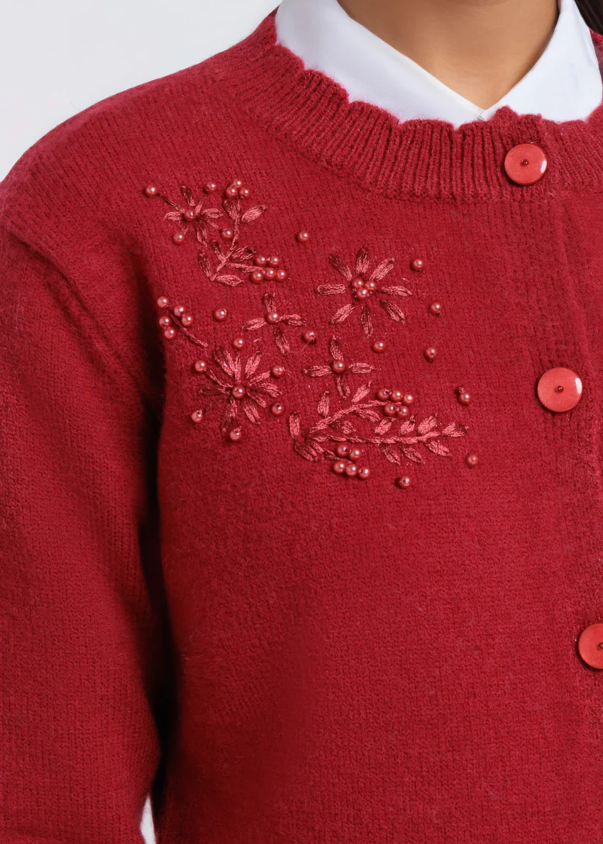 Maroon-Round Neck Full Sleeves Cardigan Sweater (25Y-107-67) - Image 3