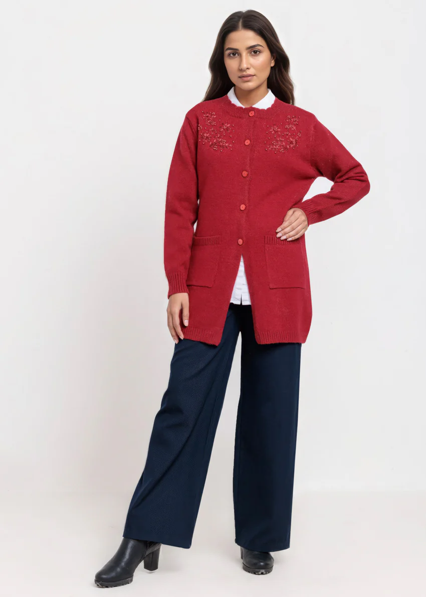 Maroon-Round Neck Full Sleeves Cardigan Sweater (25Y-107-67) - Image 5
