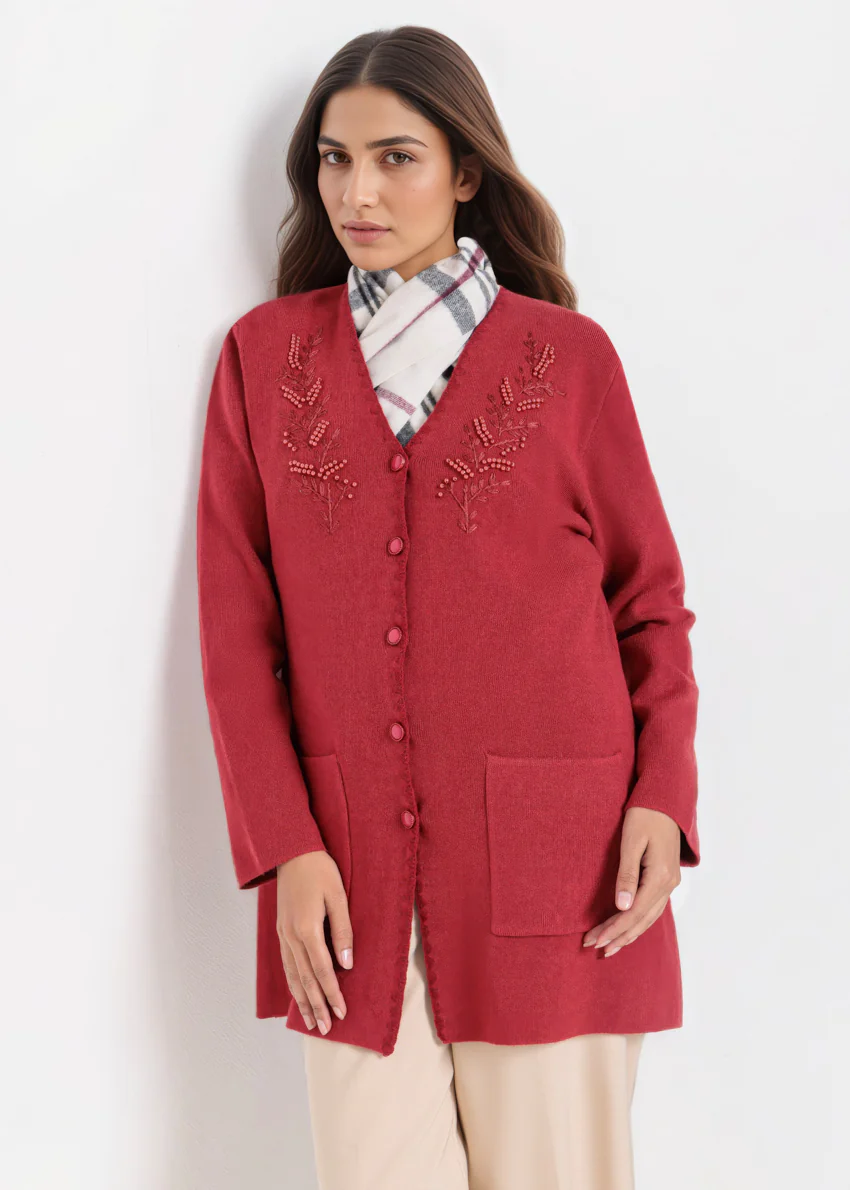Maroon-V-Cardigan Full Sleeves Sweater (25Y-109-67) - Image 3