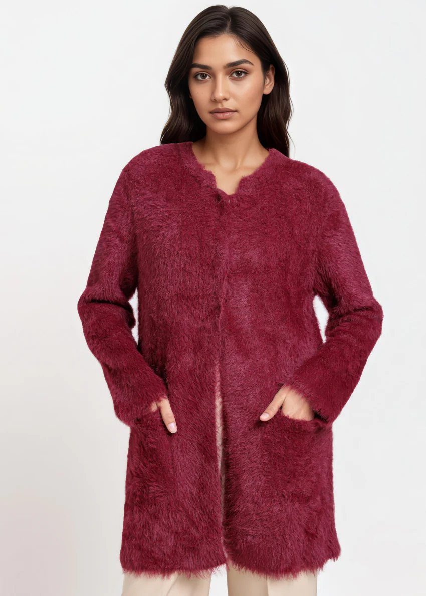 Maroon-Round Neck Full Sleeves Cardigan Sweater (25Y-112-67)