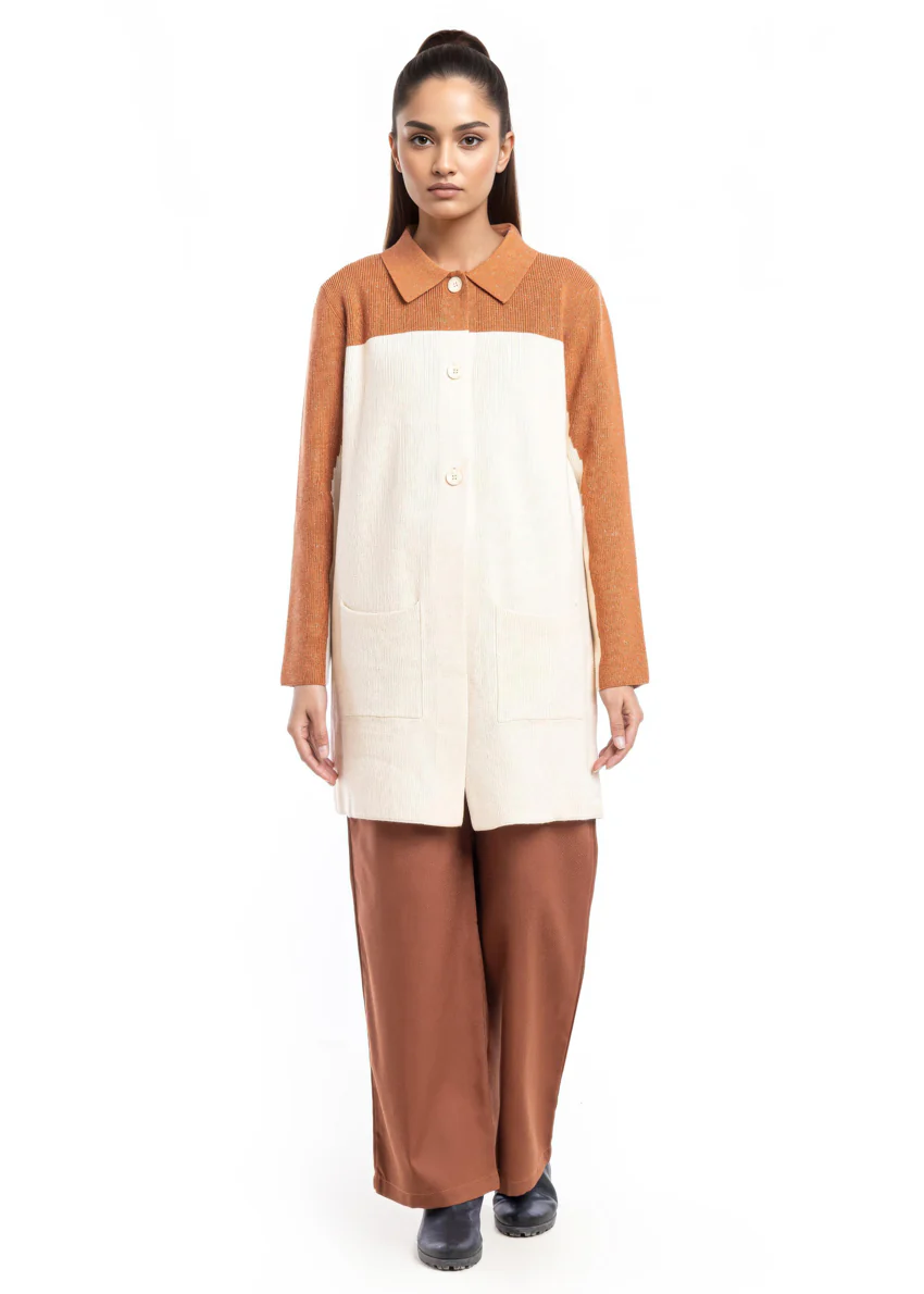 Beige-Wing Collar Full Sleeves Cardigan Sweater (25Y-116-67)