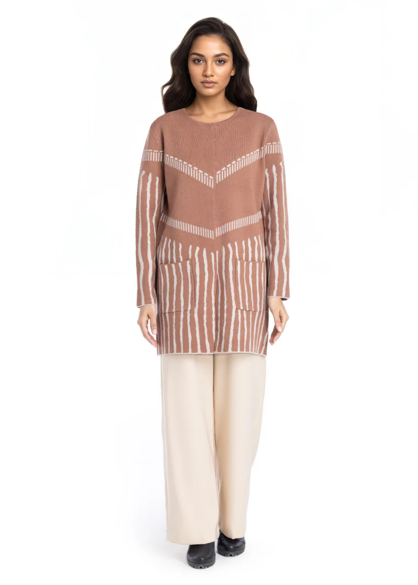 Brown-Round Neck Cardigan Full Sleeves Sweater (25Y-117-67) - Image 3