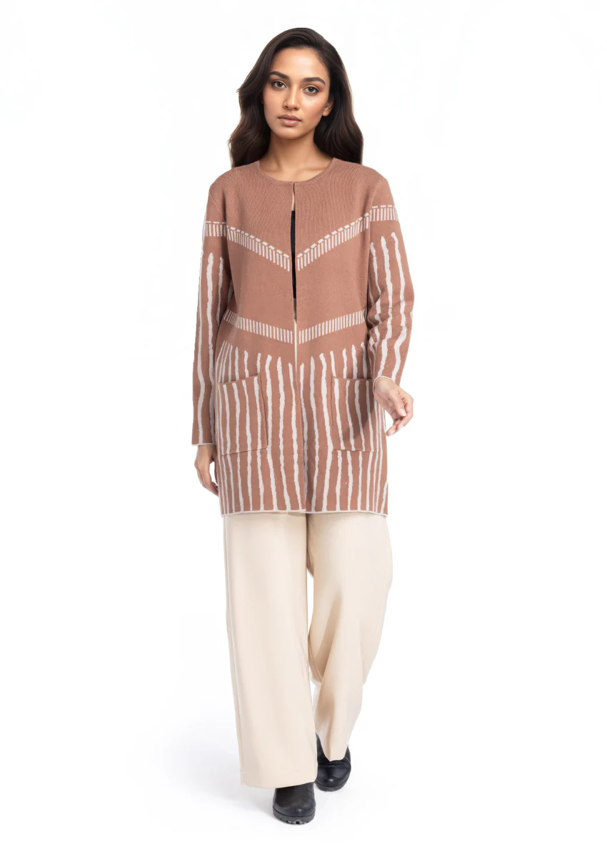 Brown-Round Neck Cardigan Full Sleeves Sweater (25Y-117-67) - Image 4
