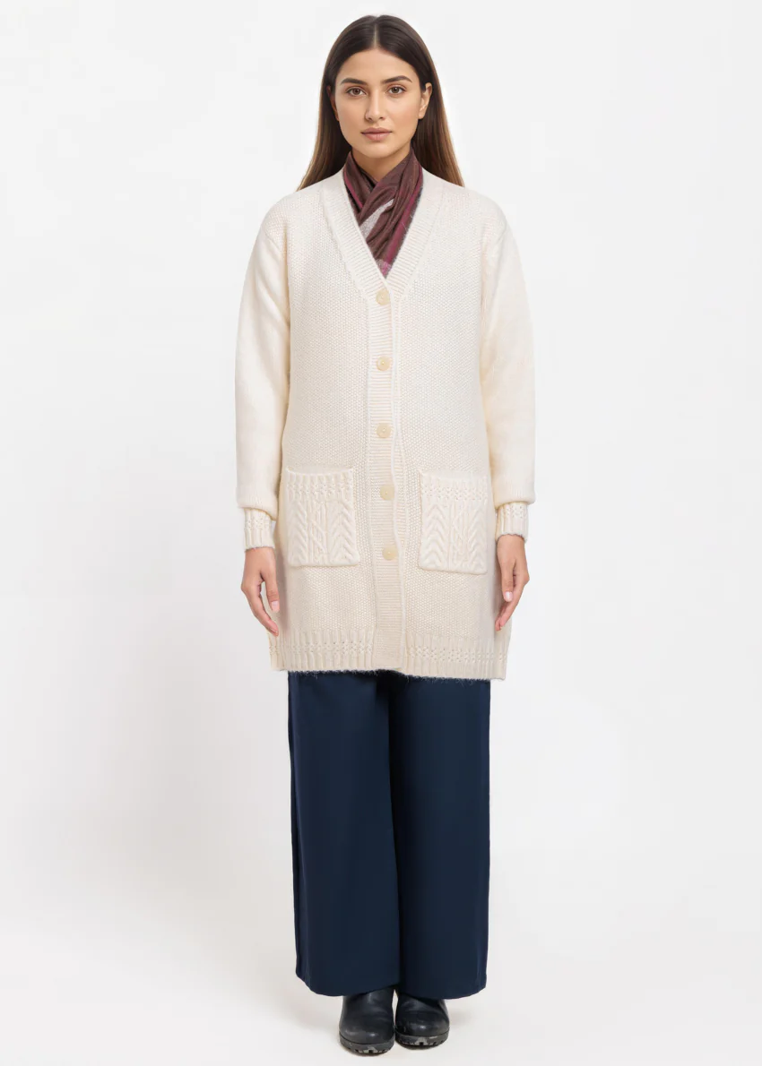Cream-V-Cardigan Full Sleeves Sweater (25Y-121-67) - Image 3