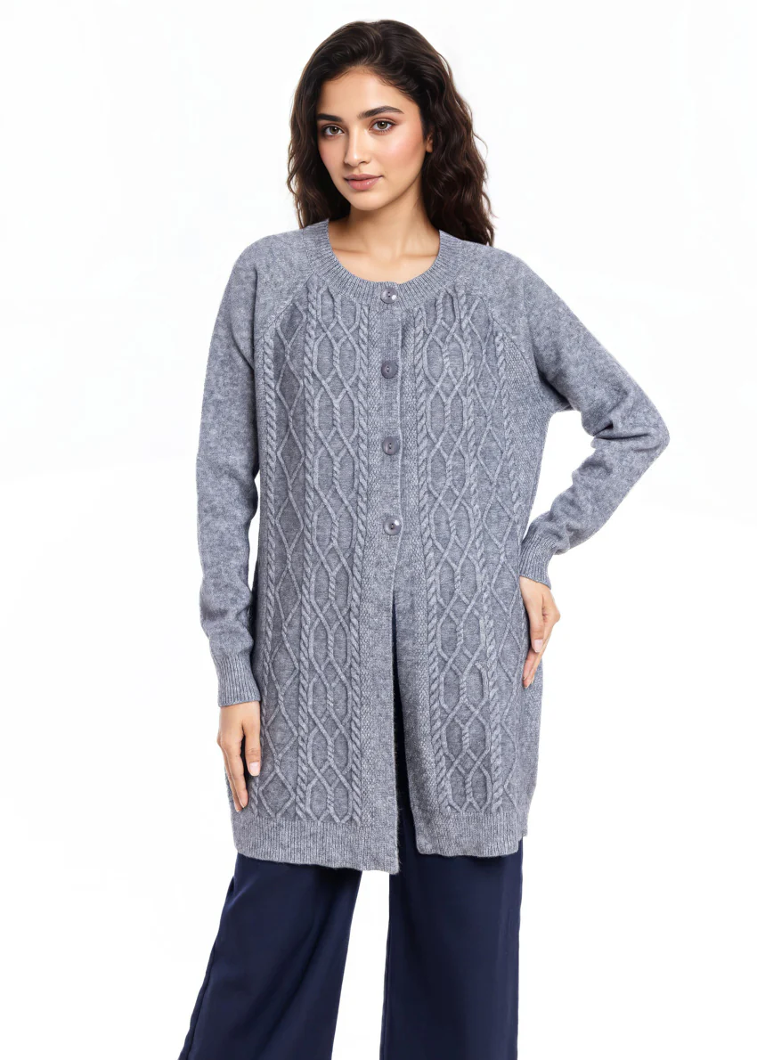 Grey-Round Neck Cardigan Reglan Sleeves Sweater (25Y-122-67)