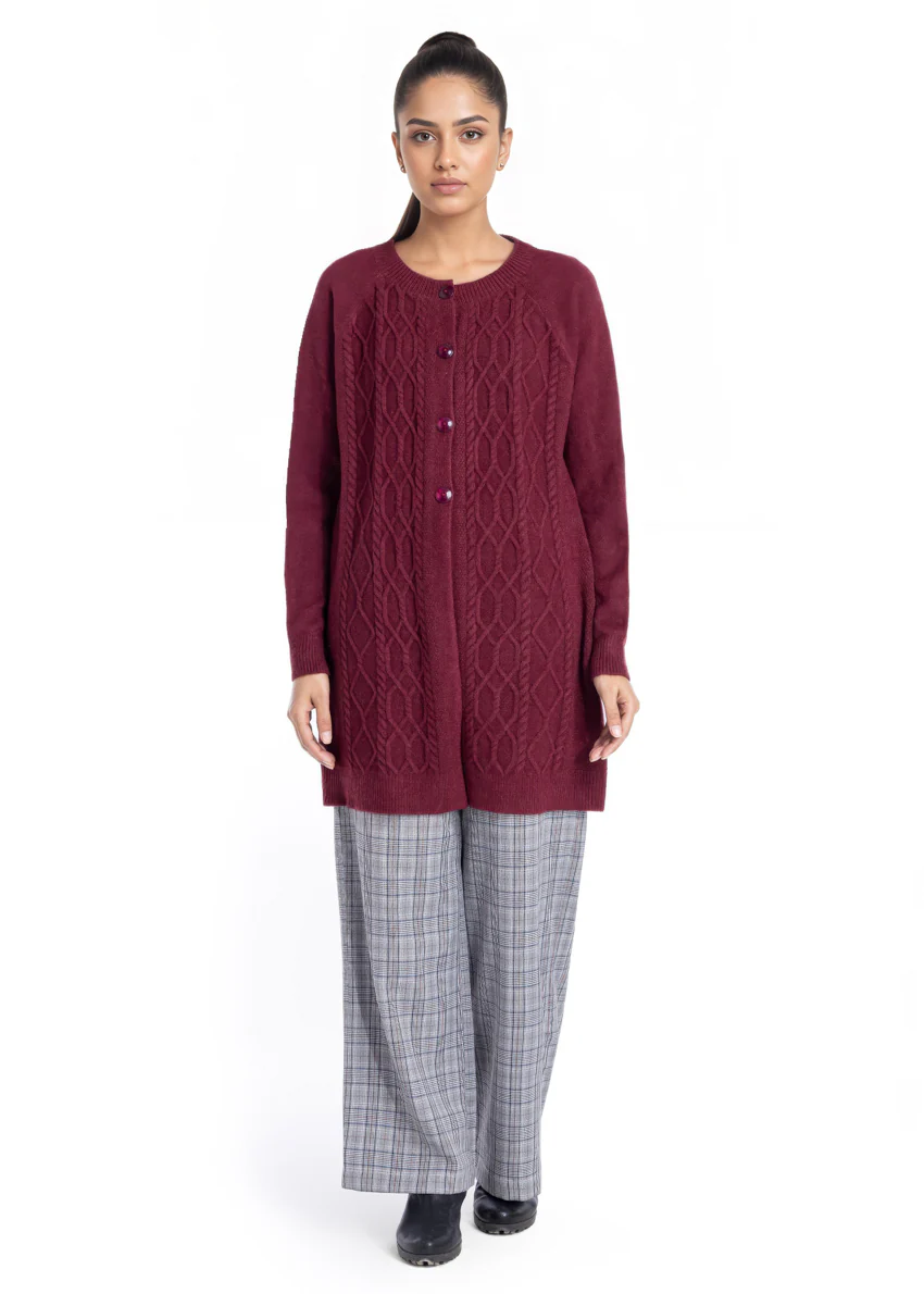 Maroon-Round Neck Cardigan Reglan Sleeves Sweater (25Y-122-67)