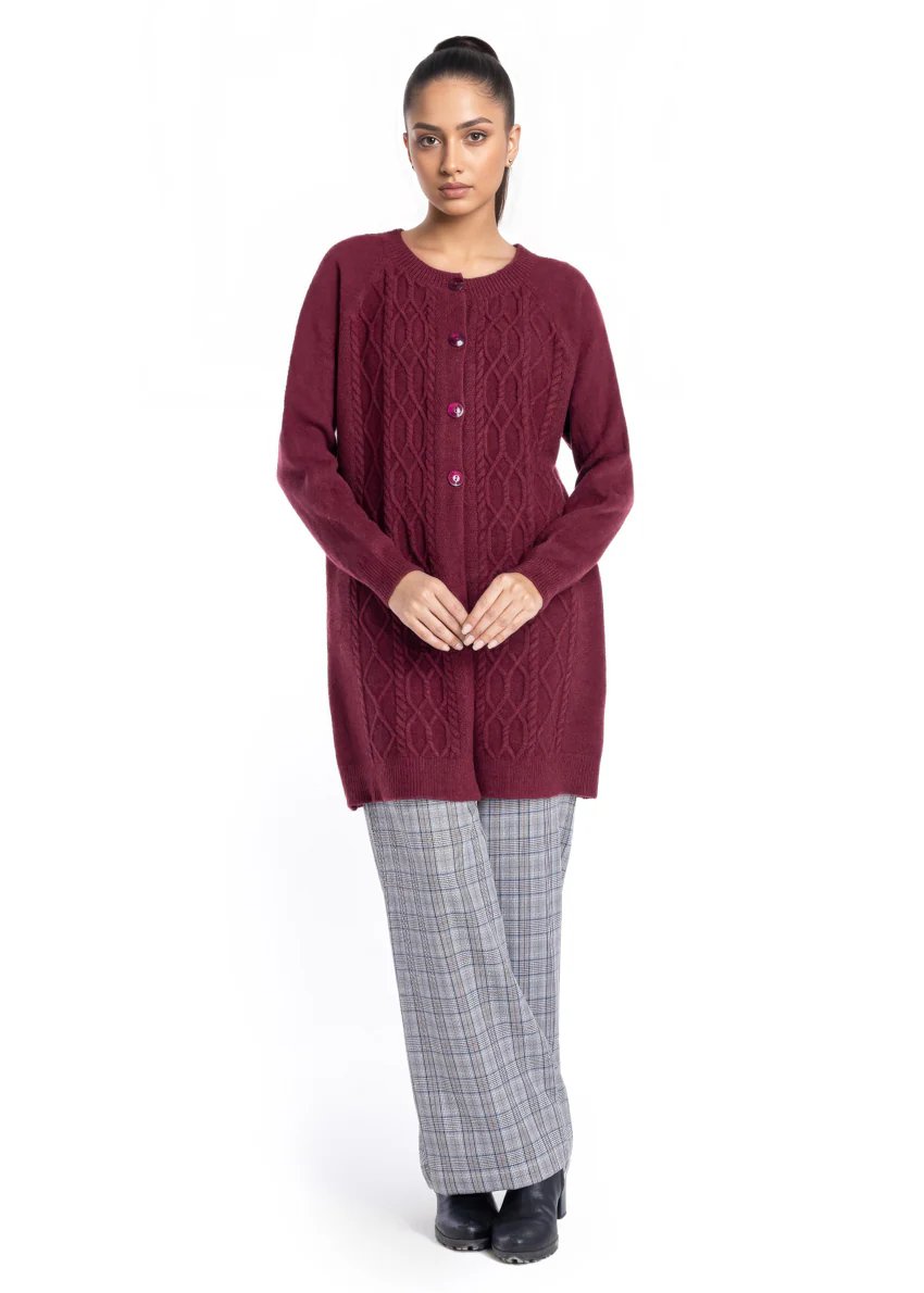 Maroon-Round Neck Cardigan Reglan Sleeves Sweater (25Y-122-67) - Image 3