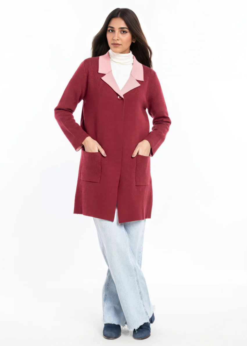 Maroon-Wing Collar Full Sleeves Cardigan Sweater (25Y-124-67) - Image 3