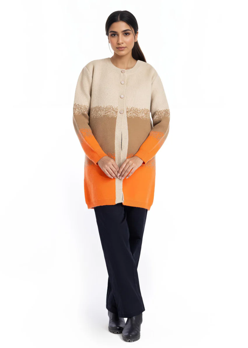 Orange-Round Neck Cardigan Full Sleeves Sweater (25Y-125-67)