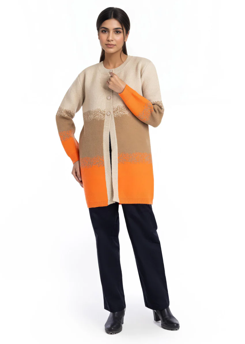 Orange-Round Neck Cardigan Full Sleeves Sweater (25Y-125-67) - Image 3