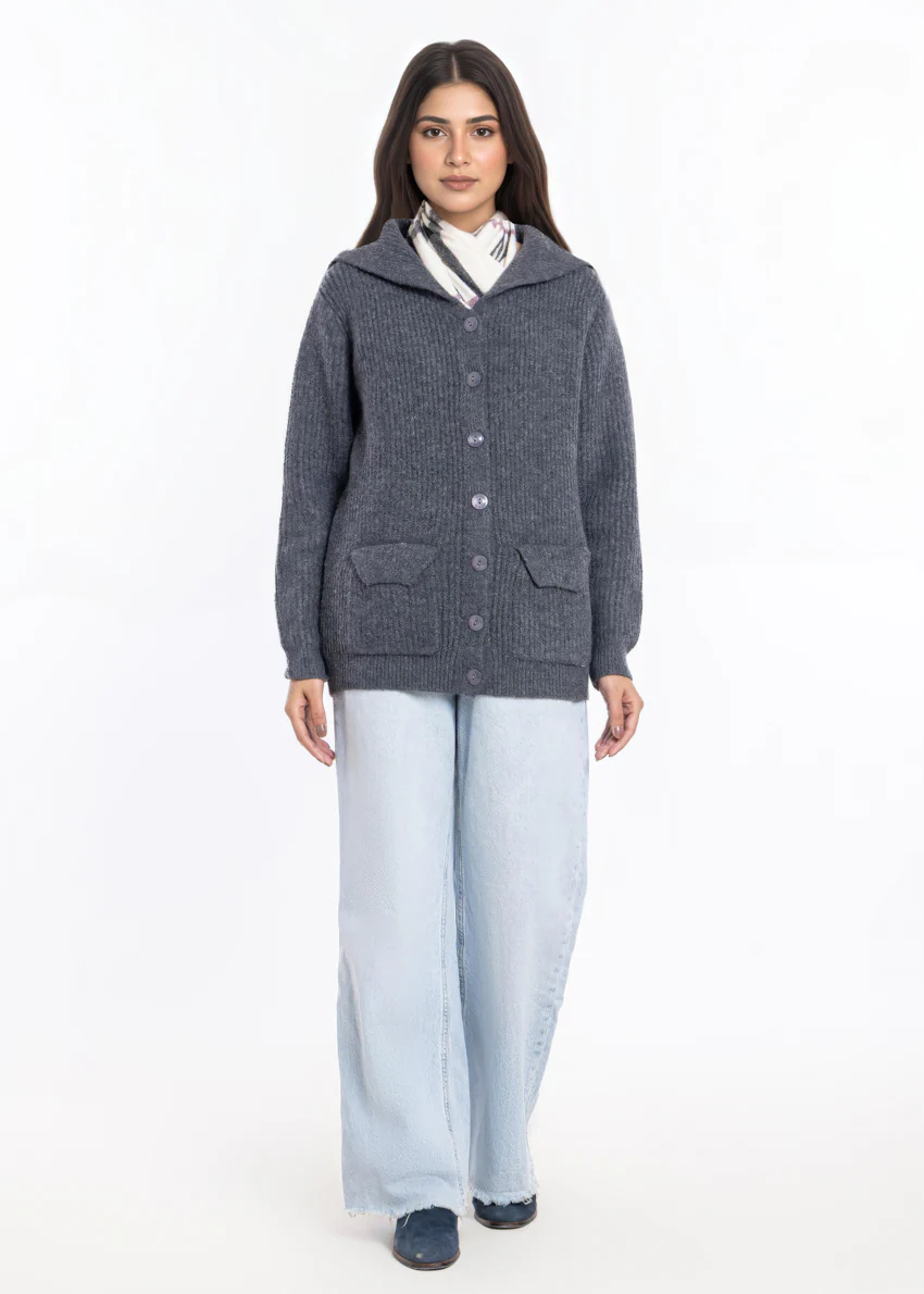 Charcoal-Sailor Collar Full Sleeves Cardigan Sweater (25Y-128-67)
