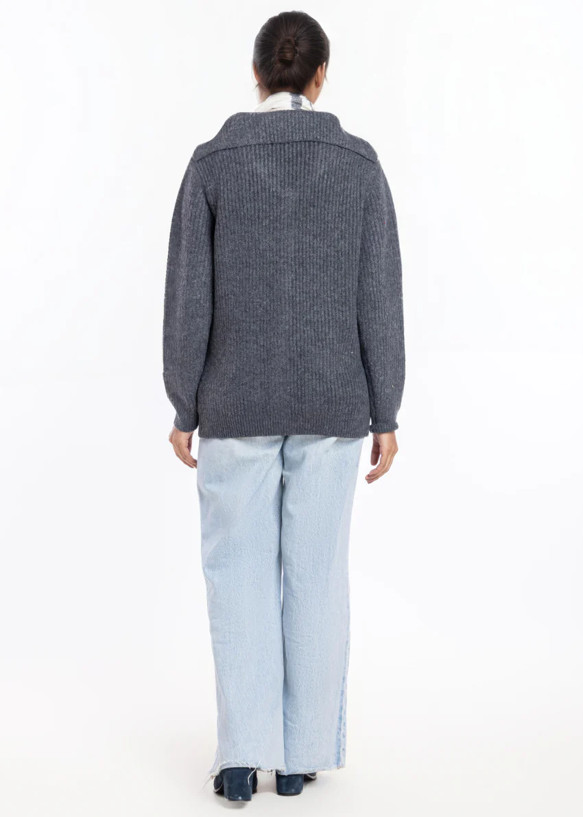 Charcoal-Sailor Collar Full Sleeves Cardigan Sweater (25Y-128-67) - Image 2