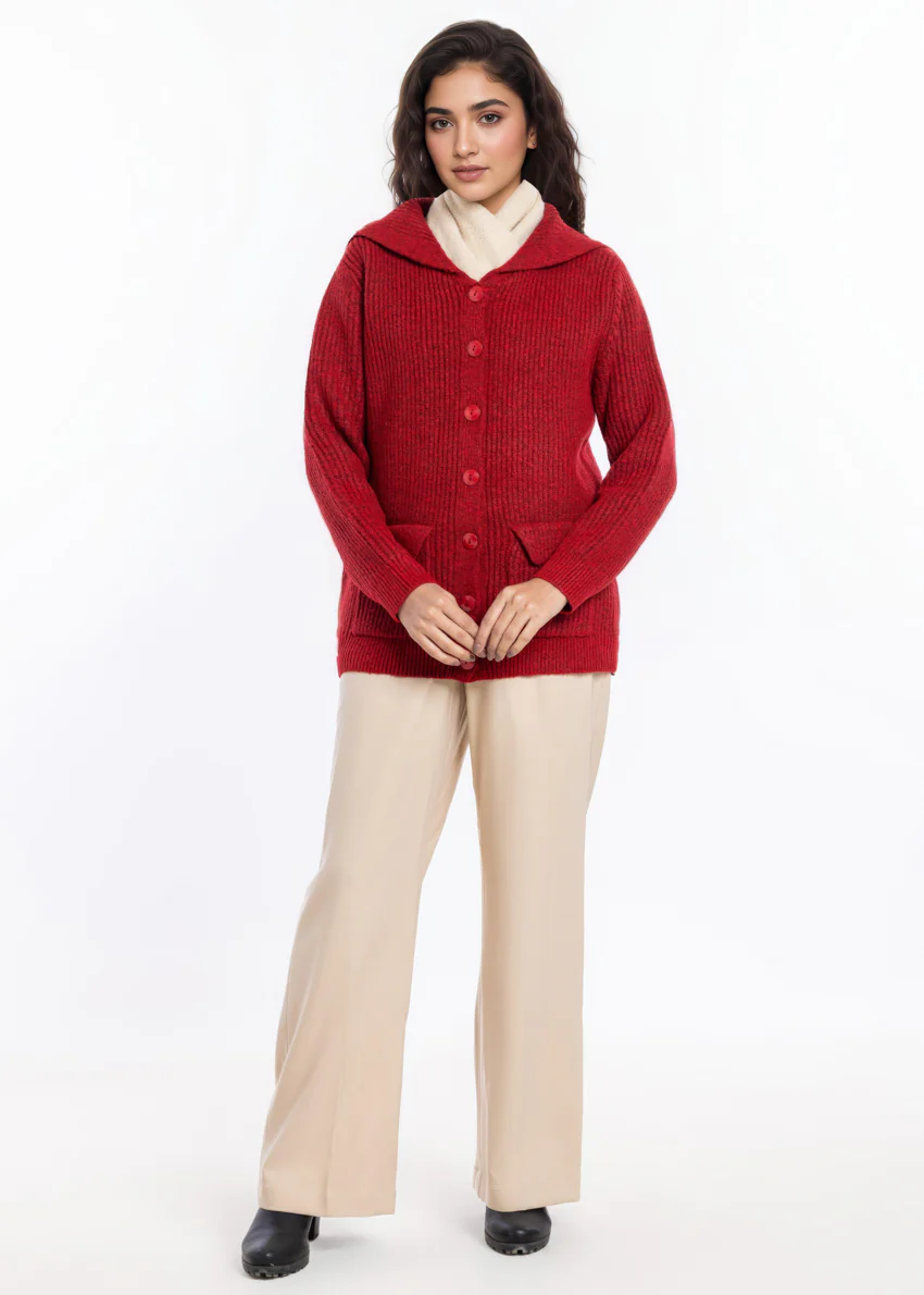 Red-Sailor Collar Full Sleeves Cardigan Sweater (25Y-128-67)