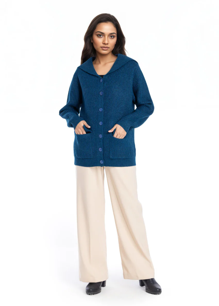 Teal-Sailor Collar Full Sleeves Cardigan Sweater (25Y-128-67)