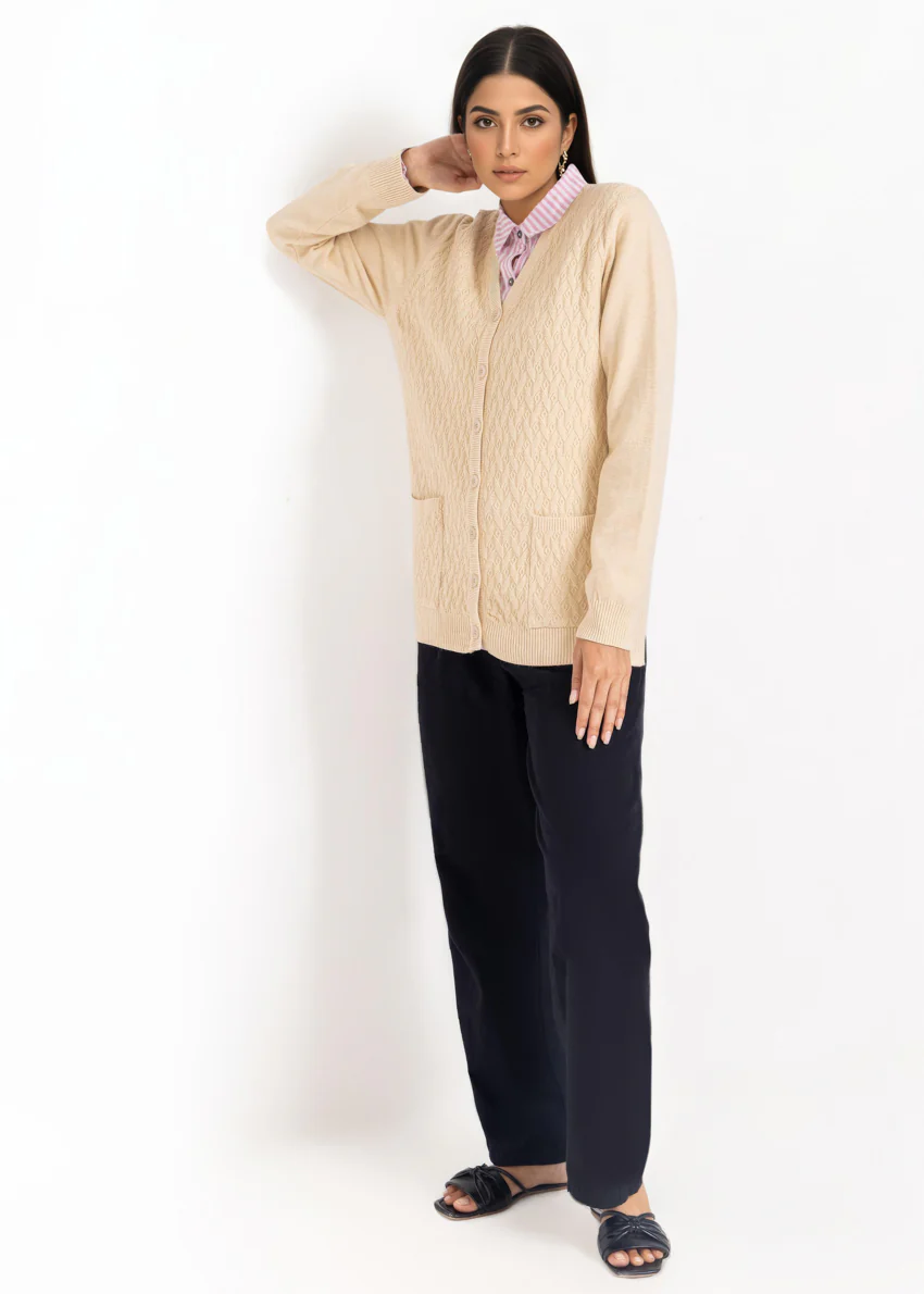 Beige-V-Cardigan Full Sleeves Sweater (25Y-201-67) - Image 3
