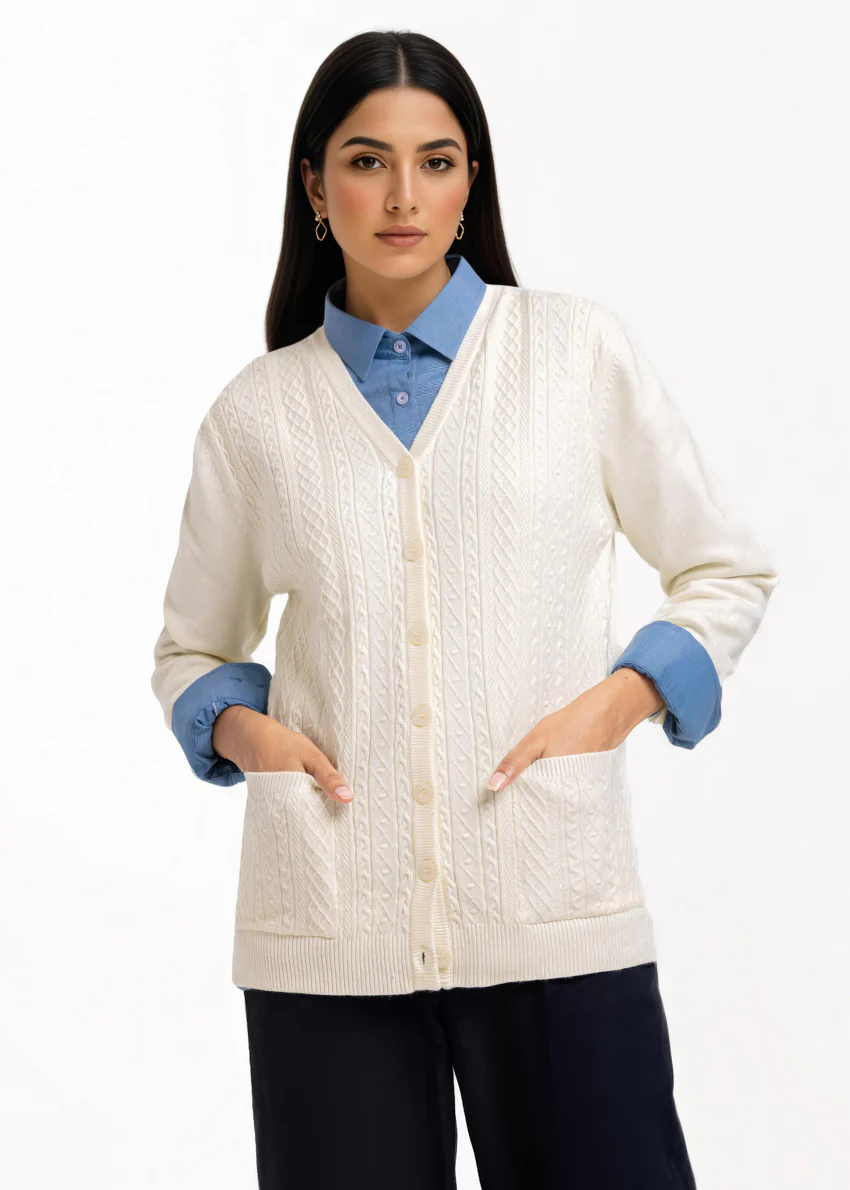 White-V-Cardigan Full Sleeves Sweater (25Y-205-67)