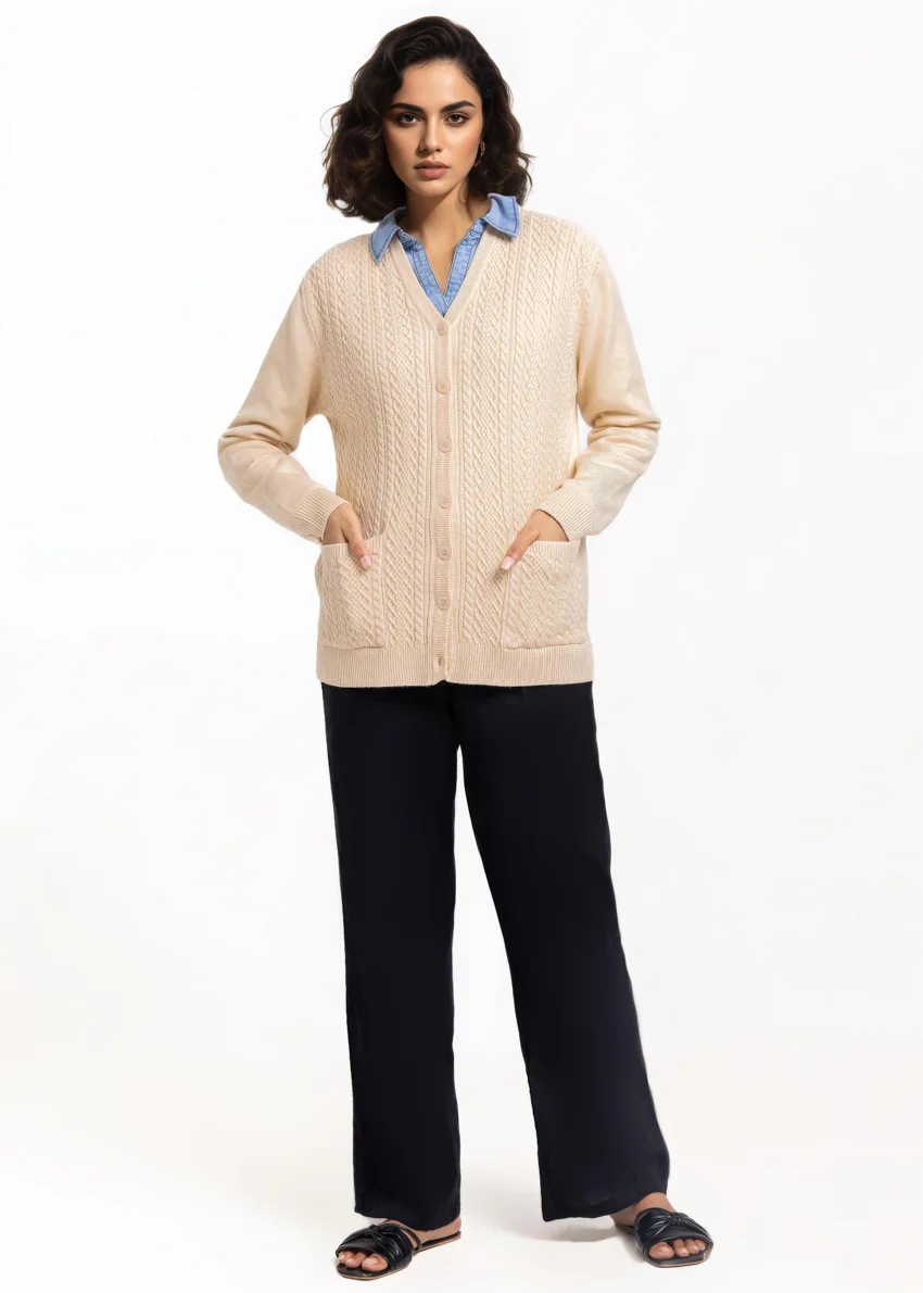 Beige-V-Cardigan Full Sleeves Sweater (25Y-211-67) - Image 3