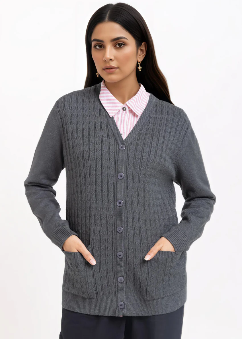 Charcoal-V-Cardigan Full Sleeves Sweater (25Y-219-67)