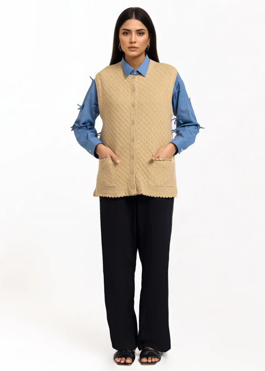 Beige-R-Neck Cardigan Sando Sweater (25Y-222-67) - Image 3