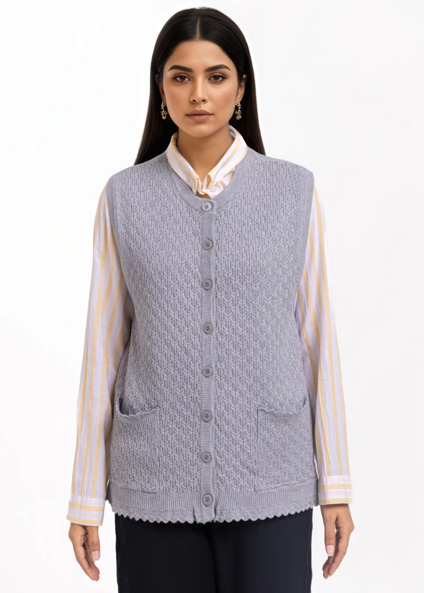 Grey-R-Neck Cardigan Sando Sweater (25Y-222-67)