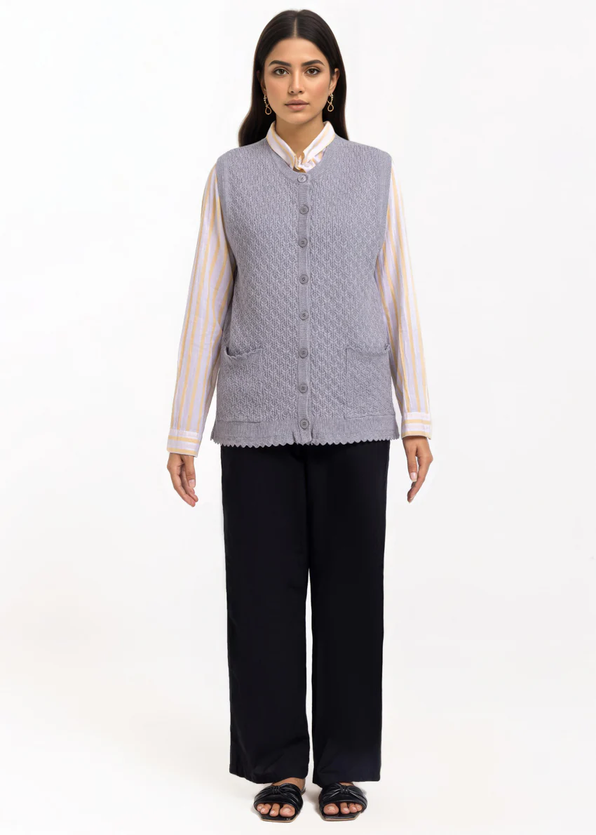Grey-R-Neck Cardigan Sando Sweater (25Y-222-67) - Image 3