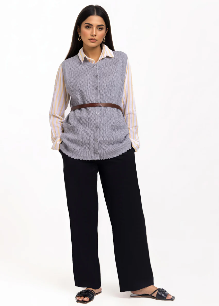 Grey-R-Neck Cardigan Sando Sweater (25Y-222-67) - Image 4