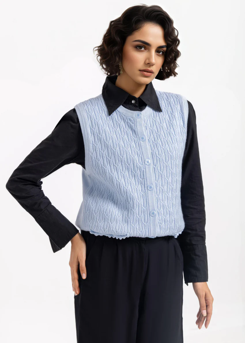 Sky-Blue-R-Neck Cardigan Sando Sweater (25Y-230-67)