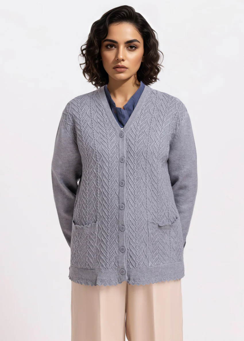 Grey-V-Cardigan Full Sleeves Sweater (25Y-235-67)