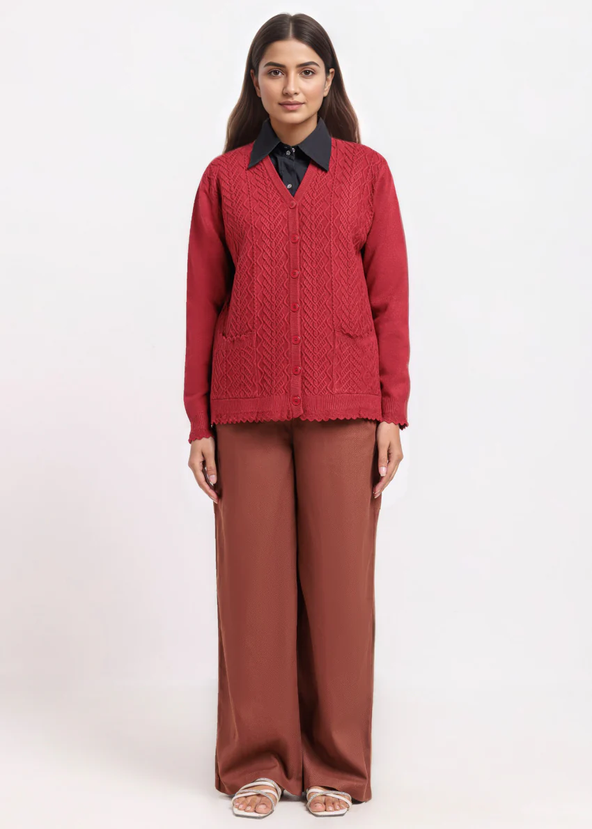 Maroon-V-Cardigan Full Sleeves Sweater (25Y-235-67) - Image 3