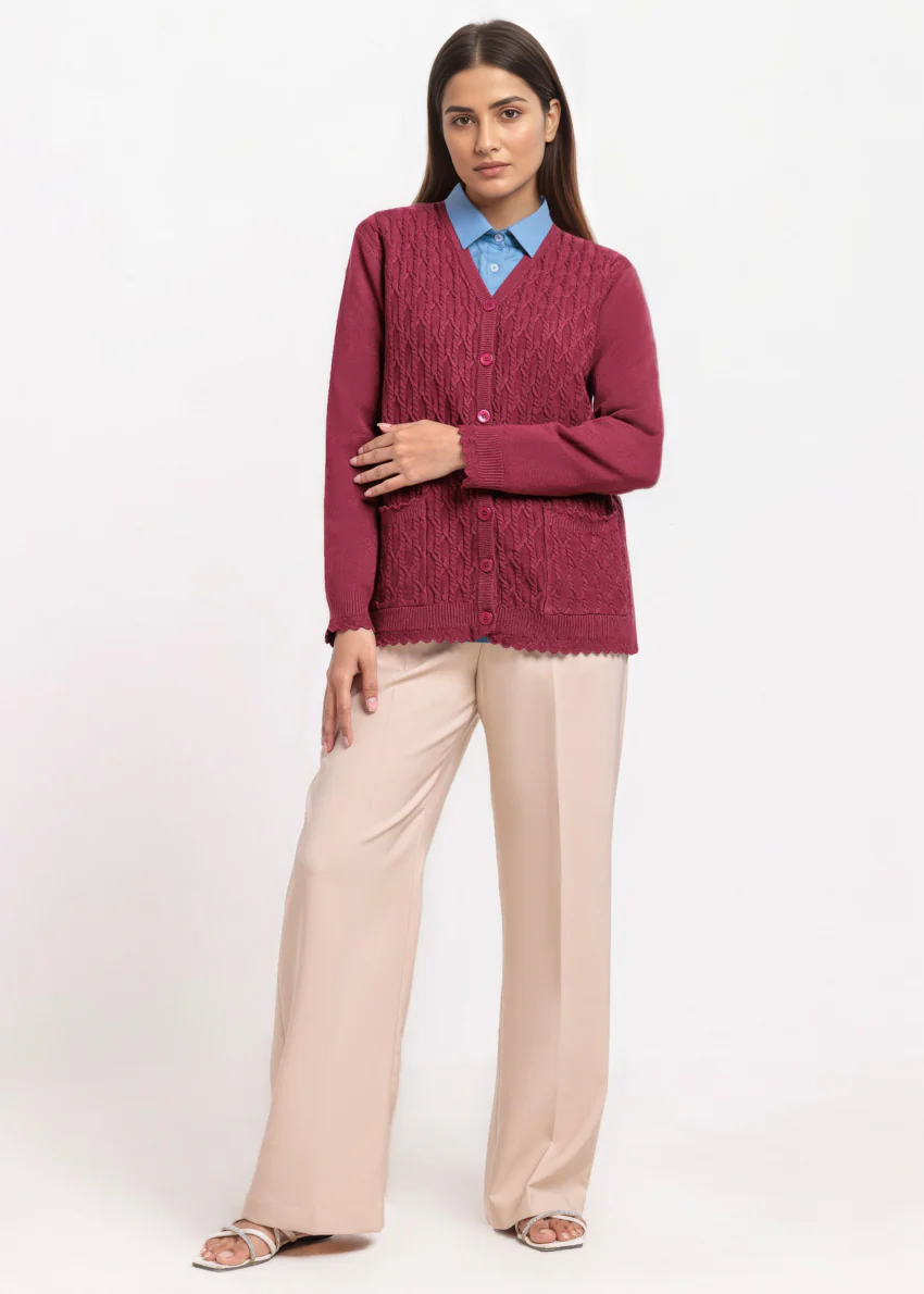 Maroon-V-Cardigan Full Sleeves Sweater (25Y-241-67) - Image 3